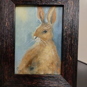 Coelho dourado, tinta a óleo, pequeno 5×7, feito à mão, original