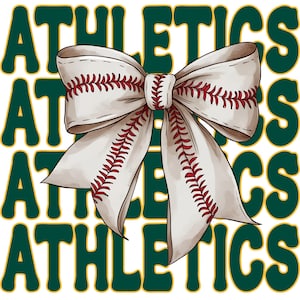 Può includere: Un fiocco bianco con cuciture rosse, che ricorda una palla da baseball, è centrato su uno sfondo verde con la parola "ATHLETICS" ripetuta quattro volte.