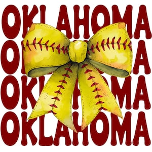 Könnte beinhalten: Eine gelbe Softball-Schleife mit roten Nähten, mit dem Wort "OKLAHOMA" viermal in roter Schrift wiederholt.