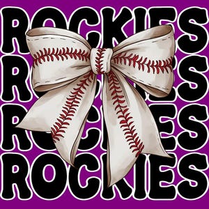 May include: A white baseball-themed bow with red stitching, set against a purple background with the word "ROCKIES" in black and white. The bow is the focal point, with the baseball stitching detail prominent.