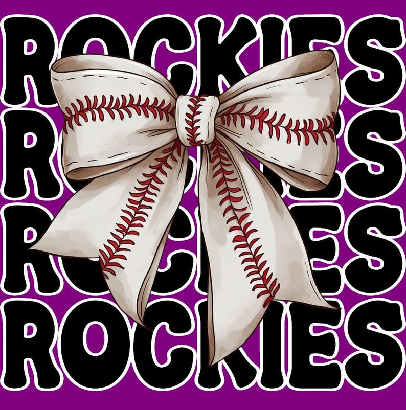 May include: A white baseball-themed bow with red stitching, set against a purple background with the word "ROCKIES" in black and white. The bow is the focal point, with the baseball stitching detail prominent.