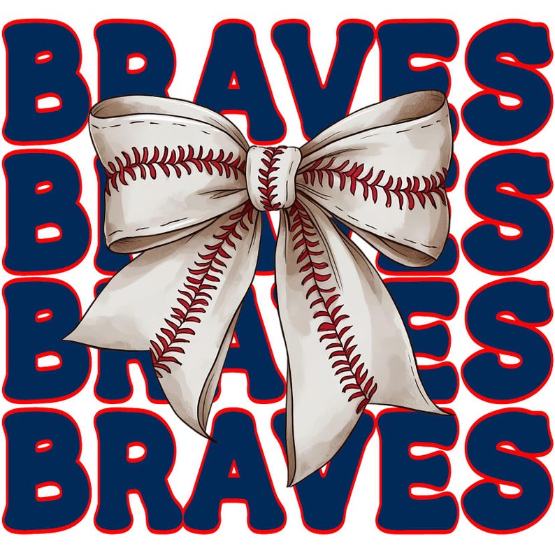 K&ouml;nnte beinhalten: Eine wei&szlig;e Schleife mit roten N&auml;hten, die einem Baseball &auml;hnelt, ist auf einem wei&szlig;en Hintergrund zentriert. Das Wort "BRAVES" wird viermal in marineblauer Schrift mit rotem Umriss wiederholt und umgibt die Schleife.