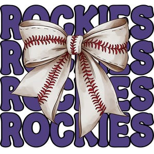 May include: A baseball-themed bow with red stitching details, set against a purple background with the word "ROCKIES" repeated. The bow is white with red stitching, resembling a baseball.