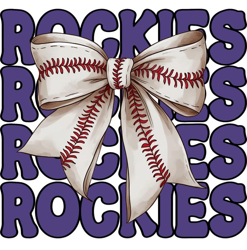 May include: A baseball-themed bow with red stitching details, set against a purple background with the word "ROCKIES" repeated. The bow is white with red stitching, resembling a baseball.