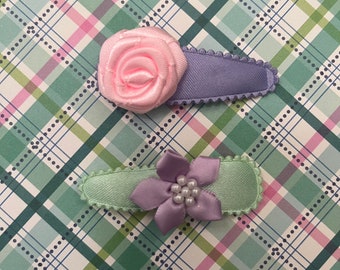 Green Purple Flower Snap Clips, Girl Toddler Hair Clip, Great Gift