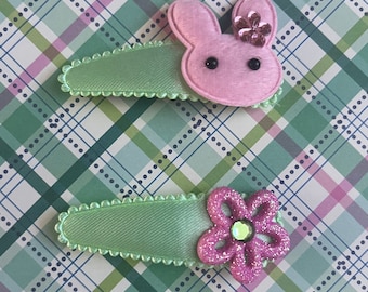 Green Pink Bunny Flower Snap Clips, Girl Toddler Hair Clip
