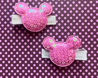 Pink and White Sequined Mouse Hair Clips, Girls Hair Accessory