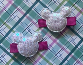 White and Pink Sequined Mouse Hair Clips, Girls Hair Accessory