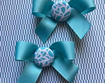 Mint Green Hair Bows with Fabric Buttons, Pretty Accessory for Pigtails