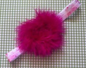 Infant Headband - Pink and White Flower Accessory with Magenta Marabou Puff