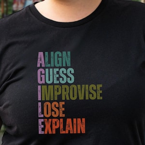以下が含まれることがあります： カラフルな文字で「AGILE」と縦に書かれた黒いTシャツ。文字はレトロなフォントスタイルで、各文字は単語を表しています。整列、推測、即興、負け、説明。