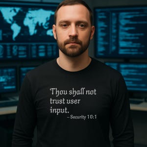 Peut inclure: T-shirt noir à manches longues avec l'inscription "Thou shall not trust user input. - Security 10:1" en blanc, dans une police gothique. La personne porte le t-shirt devant des écrans d'ordinateur.