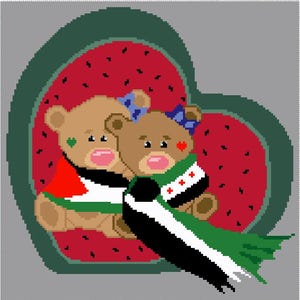May include: Two brown teddy bears wearing green, white, and black scarves are hugging inside a red watermelon heart. The bears have red hearts on their cheeks and are wearing blue bows.