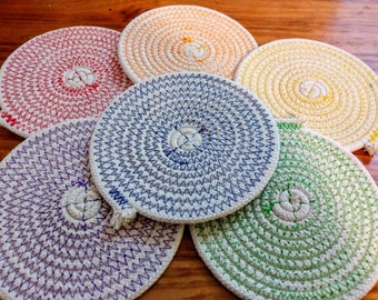 Colorful Coasters, reversible rainbow cotton rope coasters for dining, serving, table setting, set of 4 or 6, home decor, housewarming