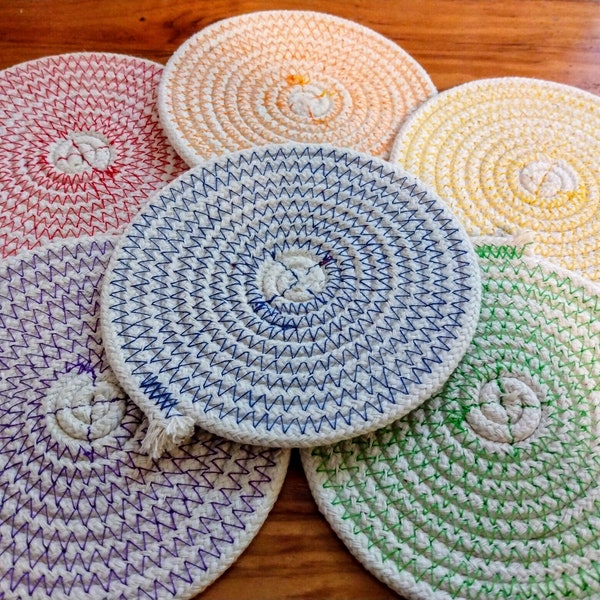 Colorful Coasters, reversible rainbow cotton rope coasters for dining, serving, table setting, set of 4 or 6, home decor, housewarming