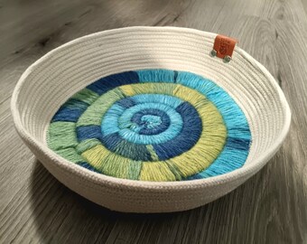 Embroidered Rope Bowl, woven cotton rope organizer storage basket for home decor, living room, housewarming gifts