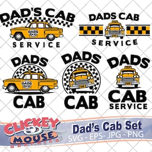May include: Four different designs for a "Dad's Cab" logo. Each design features a yellow taxi cab with black lettering and a checkered pattern. The text "Dad's Cab" is featured in each design, along with the words "Service" and "Cab".