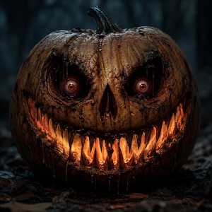 Peut inclure: Une citrouille sculptée à la surface brune texturée et altérée, dotée d'yeux rouges profonds et lumineux et d'une large bouche dentelée remplie de dents pointues éclairées. La citrouille a une tige sombre et un aspect visqueux et coulant.