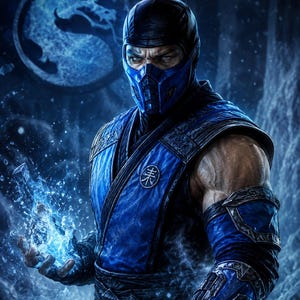 May include: A digital illustration of a character from the Mortal Kombat video game series. The character is clad in a blue and black outfit, with a mask covering the lower face. The character's hand is emitting blue energy, and a dragon symbol is in the background.