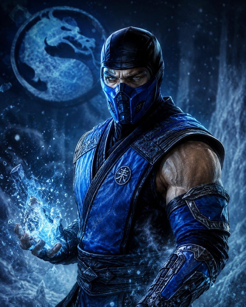 May include: A digital illustration of a character from the Mortal Kombat video game series. The character is wearing a blue and black outfit, with a mask covering the lower face. The character's hand is emitting blue energy, and a dragon symbol is in the background.