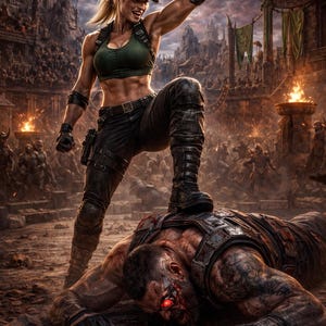 May include: A digital illustration shows a female warrior in a green crop top and black trousers, standing over a defeated opponent. The scene is set in a war-torn environment with a castle in the background. The warrior is wearing a cap.