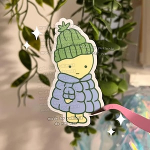 Pegatina de chico verde con chaqueta acolchada, pegatina de baratija, bonita pegatina de vinilo para caja sorpresa, pegatinas divertidas para portátil, pegatina de invierno, bonito material de papelería