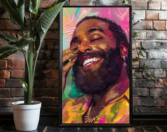 May include: A digital painting of a man with a dark complexion, smiling with his eyes closed. He is wearing a colorful shirt with a floral pattern and a gold chain necklace. The background is a vibrant pink and blue.