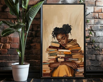 TODA LA NOCHE / Arte de pared de mujer negra digital, arte de lectura de niña negra, impresiones de arte de mujeres negras, decoración de dormitorio universitario, cartel de amante de libros, imprimible