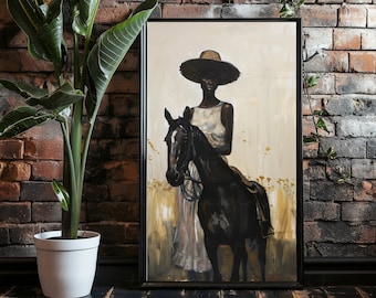 VINTAGE PHOTO | Black Woman Wall Art Digital, Black Woman Horse Art, Black Women Art Prints, Afro American, Black Artwork Female, Equestrian