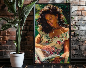 JARDÍN SECRETO / Lectura de mujer negra, Arte de pared de mujer negra, Arte de niña negra, Impresiones de arte de mujeres negras, Impresiones de amantes de libros, Decoración de rincón de lectura
