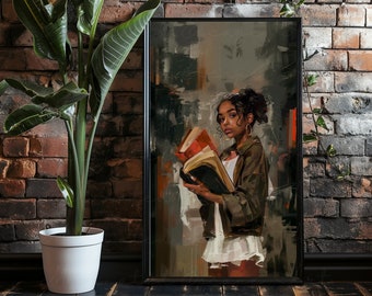 DARK ACADEMIA | Black Girl Reading Art Digitial, Black Woman Wall Art, Black Women Art Prints, African American Artwork Canvas, Book Lover