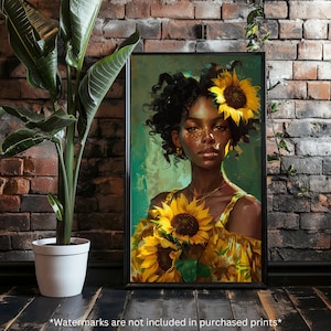 FLOWER CHILD 2 | Black Woman Wall Art Digital, Black Girl Art, Black Women Art Prints, African American Female Artwork, Sunflowers, Boho Art