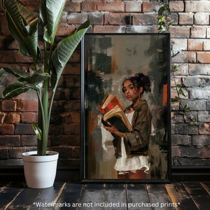 DARK ACADEMIA | Black Girl Reading Art Digitial, Black Woman Wall Art, Black Women Art Prints, African American Artwork Canvas, Book Lover