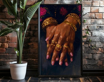 May include: A close-up of a pair of hands adorned with gold rings and bracelets. The hands are resting on a dark blue background with floral patterns. The image is painted in a realistic style.