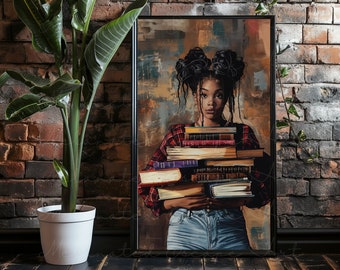 BOOKWORM | Black Woman Wall Art Digital, Black Girl Reading Art, Black Women Prints, Afro American, Book Lover Poster, 90s Aesthetic Decor