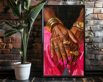 May include: A close-up of a painting depicting a person's hands wearing gold jewelry and a pink outfit. The hands are adorned with multiple rings and bracelets, and the nails are painted a bright pink.