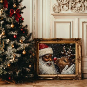 RUDOLPH | Black Santa Claus Reindeer Wall Art Print, Forest Snowfall in Winter Printable, Christmas Holiday Home Decor, Digital Download