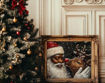 May include: A framed painting depicting a Black Santa Claus with a white beard, wearing a red hat, kissing a reindeer on the nose. The background shows a snowy woodland scene.
