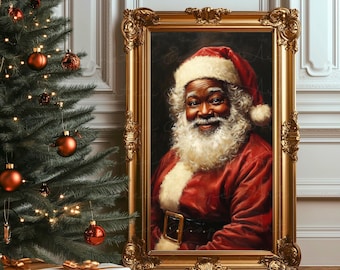 May include: A painting of a Black Santa Claus wearing a red suit with white trim and a white beard. The painting is framed in a gold frame.