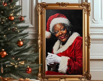 May include: A painting of a woman dressed as Santa Claus. She is wearing a red suit with white trim, a white hat with a red pom-pom, and white gloves. She is smiling and looking at the viewer.