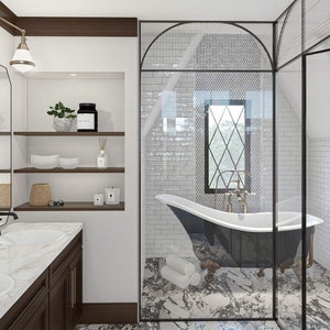 May include: A white tiled bathroom with a black clawfoot tub, a glass shower enclosure, and a double vanity with a marble countertop.