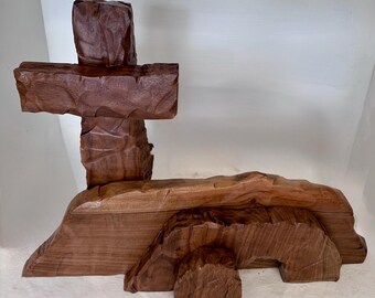 Easter Resurrection Black Walnut Cross With Empty Tomb - Hand Crafted