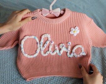 Suéter bordado a mano recién nacido para bebés, suéter de bebé con nombre personalizado, suéter lindo para niñas con nombre, anuncio de bebé suéter de punto