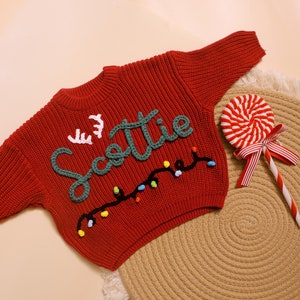 Suéter bordado à mão de Natal com nome do bebê, suéter de malha personalizado para o primeiro bebê, suéter de Natal personalizado para meninas e meninos