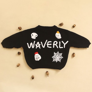 Maglione di Halloween personalizzato, maglione personalizzato con nome ricamato per bambini di Halloween, il mio primo maglione di Halloween, maglione lavorato a maglia con fantasma, regalo per neonati