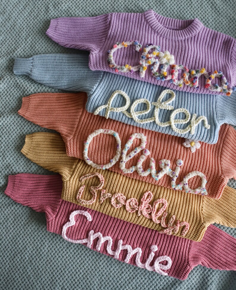 Hand Embroidered Name Baby Sweater, Personalized Baby Name Sweater, Custom Baby Sweater With Name, Birthday Gift for Bbay, Welcome Baby Gift image 5