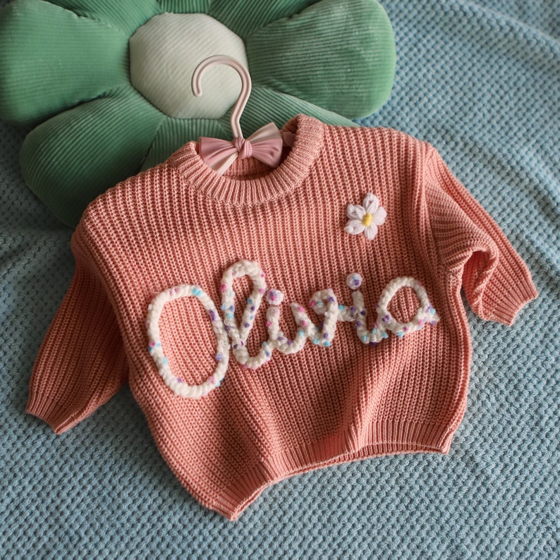 Hand Embroidered Name Baby Sweater, Personalized Baby Name Sweater, Custom Baby Sweater With Name, Birthday Gift for Bbay, Welcome Baby Gift image 4