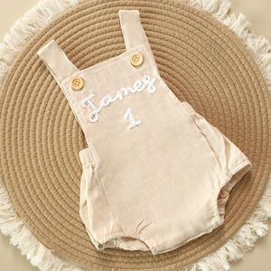 Custom Baby Name Romper, One Embroidered Birthday Romper, Personalised Baby Boy Corduroy Overalls, Baby Linen Dungarees,Baby Summer Bodysuit