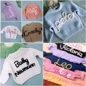 Hand Embroidered Name Baby Sweater, Personalized Baby Name Sweater, Custom Baby Sweater With Name, Birthday Gift for Bbay, Welcome Baby Gift image 2