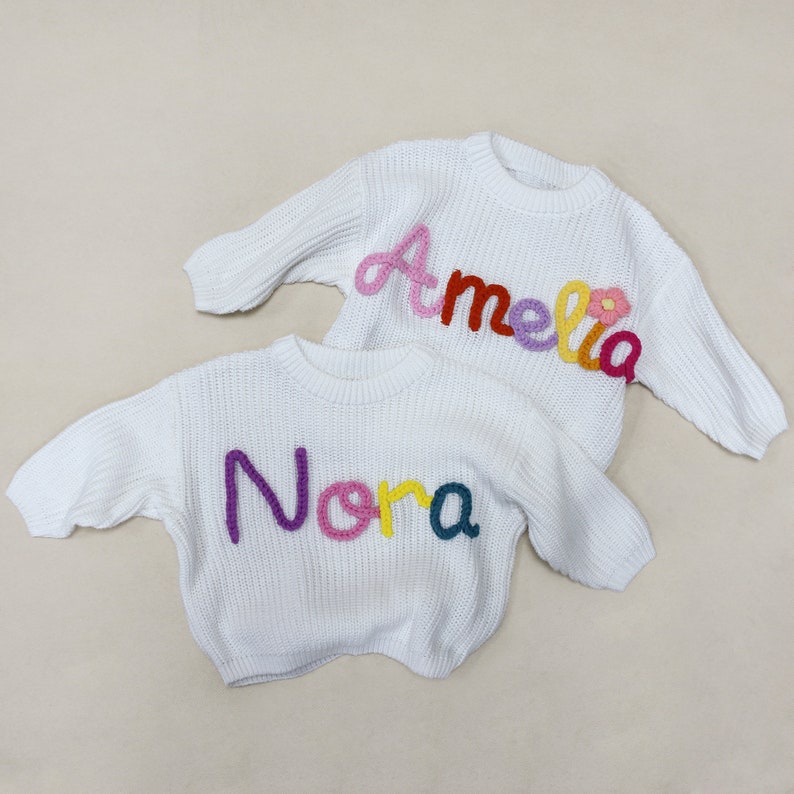 Hand Embroidered Name Baby Sweater, Personalized Baby Name Sweater, Custom Baby Sweater With Name, Birthday Gift for Bbay, Welcome Baby Gift image 1